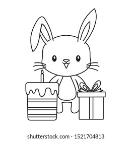 cute rabbit with cake of birthday and gift box vector illustration design