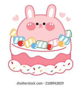 Cute rabbit cake with marshmallow and candy topping cartoon.Image for card,sticker,baby clothing.Animal character design.Dessert.Party.Birthday.Celebration.Kawaii.Isolated.Vector.Illustration.