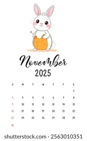 Cute Rabbit Calendar for November 2025, A charming illustration of a cartoon rabbit holding a piece of cheese, featured in a calendar layout for November 2025