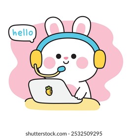 Cute rabbit call center work.Bunny.Hello.Easter.Customer service.Rodent animal character cartoon design.Image for card,poster,sticker.Kawaii.Vector.Illustration.