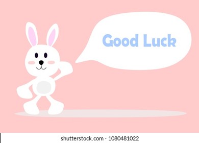 cute rabbit call out with blue wording "Good luck" on the pink background