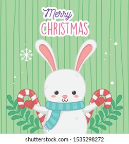 cute rabbit with candy canes and leaves merry christmas vector illustration
