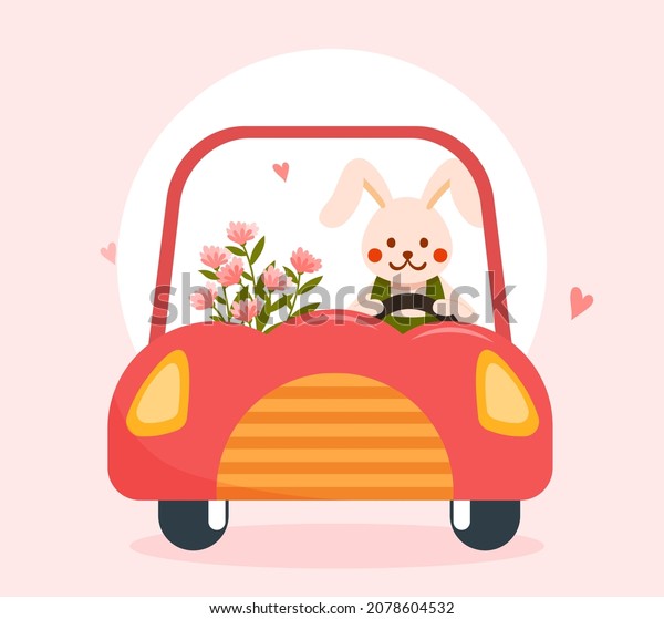 Cute rabbit in car. Character driving\
vehicle. Moving to another country, travel, adventure, tourist,\
plant, flower. Picture for printing on baby clothes, bunny. Cartoon\
flat vector illustration