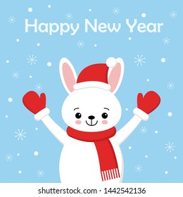 Cute rabbit card. Santa Claus hat on bunny vector illustration. New Year square banner with smiling bunny. Winter holiday package design. Flat forest animal.