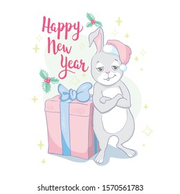 Cute rabbit card. Santa Claus hat on bunny vector illustration. 