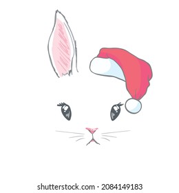 Cute rabbit card. Santa Claus hat on bunny vector illustration. New Year square banner with smiling bunny. Winter holiday package design. Flat forest animal.