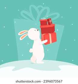 Cute rabbit carries a lot of gifts. Merry Christmas and New Year