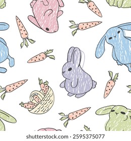 Cute rabbit and carrot background. Celebration vector seamless illustration. Hand-drawn bunny print in the style of a children's coloring book.