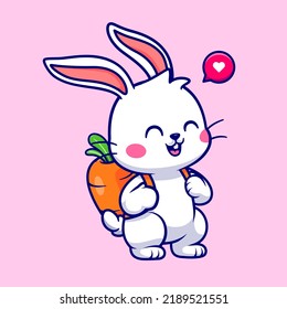 Cute Rabbit With Carrot Bag Cartoon Vector Icon Illustration. Animal Education Icon Concept Isolated Premium Vector. Flat Cartoon Style