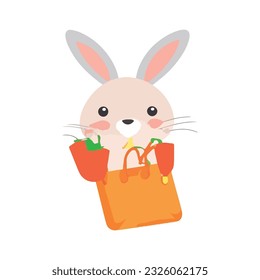 Cute rabbit with carrot bag cartoon vector icon illustration. animal education icon concept isolated Gradient background