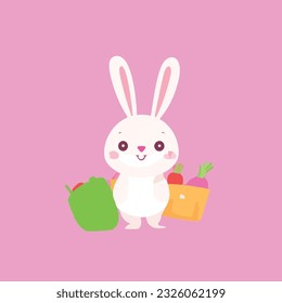 Cute rabbit with carrot bag cartoon vector icon illustration. animal education icon concept isolated Gradient background