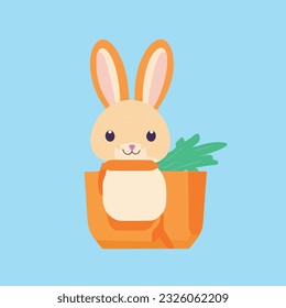 Cute rabbit with carrot bag cartoon vector icon illustration. animal education icon concept isolated Gradient background
