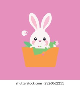 Cute rabbit with carrot bag cartoon vector icon illustration. animal education icon concept isolated Gradient background