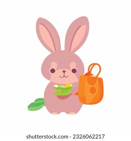 Cute rabbit with carrot bag cartoon vector icon illustration. animal education icon concept isolated Gradient background