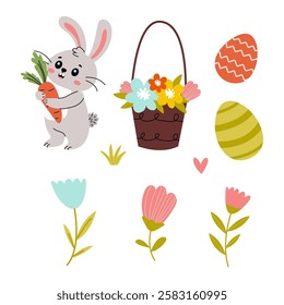 Cute rabbit with a carrot beside a basket of flowers and Easter eggs in a playful spring design