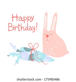 Cute rabbit with carrot birthday gift! Greeting card Happy Birthday! 