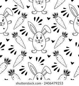 Cute rabbit and carrot, black and white seamless pattern