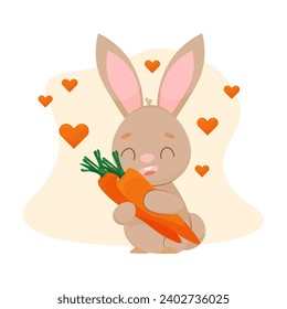 A cute rabbit with a carrot. a cartoon rabbit. vector illustration. take care of animals. Rabbit adores carrots. Easter