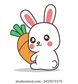 Cute Rabbit With Carrot Cartoon Vector Icon Illustration. Animal Nature Icon Concept Isolated Premium Vector. Flat Cartoon Style