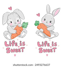 Cute rabbit and carrot. Childish vector illustration. Bunny Print design 