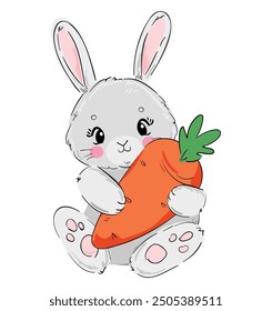 Cute rabbit and carrot. Childish vector illustration. Bunny Print design 