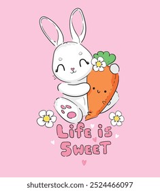 Cute rabbit and carrot. Childish vector illustration. Bunny Print design 