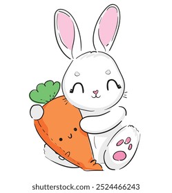 Cute rabbit and carrot. Childish vector illustration. Bunny Print design 