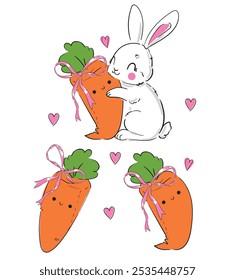 Cute rabbit and carrot. Childish vector illustration. Bunny Print design 