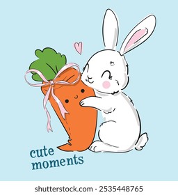 Cute rabbit and carrot. Childish vector illustration. Bunny Print design 