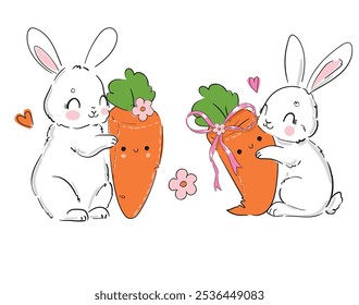 Cute rabbit and carrot. Childish vector illustration. Bunny Print design 