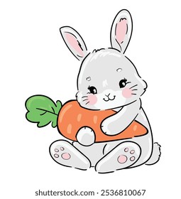 Cute rabbit and carrot. Childish vector illustration. Bunny Print design 