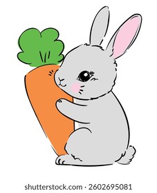 Cute rabbit and carrot. Childish vector illustration. Bunny Print design 