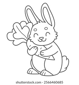 Cute rabbit with carrot coloring book for kids. Coloring page with bunny. Monochrome black and white illustration. Vector children's illustration.