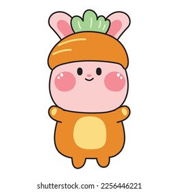 Cute rabbit in carrot costume on white background.Animal funny character cartoon design.Vegetable clothing.Easter.Bunny.Kawaii.Vector.Illustration.