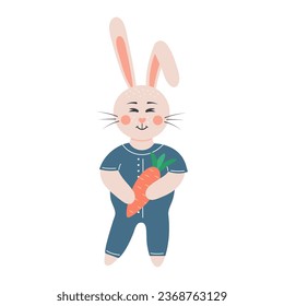 Cute rabbit with carrot. Easter bunny boy in clothes. Cartoon forest character.