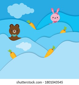 A cute rabbit with a carrot emerged from the blue cloud, Vector Style, Illustration for greeting card, invitation.