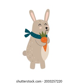 Cute rabbit with a carrot. Funny forest character in a scarf isolated element. Fall woodland clipart for kids. Vector illustration