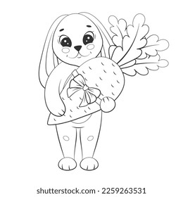 Cute rabbit with carrot, gift. Children vector illustration. Childrens coloring book. Monochrome, black and white graphic. Isolated on white