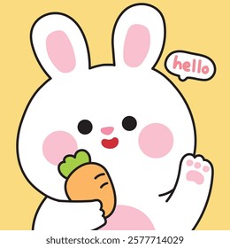 Cute rabbit with carrot greeting with hello text.Easter.Rodent pet farm animal cartoon.Image for card,sticker,baby clothing,print screen.Kawaii.Vector.Illustration.