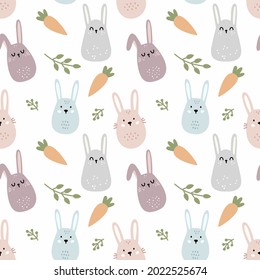 Cute rabbit and carrot indoodle style. Seamless pattern for sewing children clothing and printing on fabric.