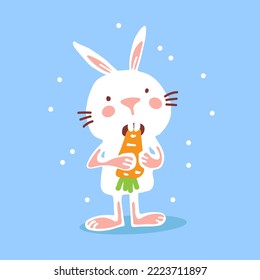 Cute rabbit with carrot isolated on blue background. Hand drawn vector design elements for Easter or Chinese New Year 2023. Doodle style.