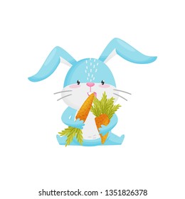 Cute rabbit with carrot on white background.