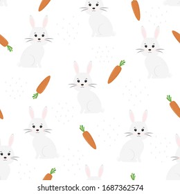 Cute rabbit with carrot seamless background in flat vector style.