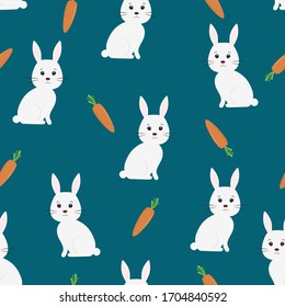 Cute rabbit with carrot seamless background in flat vector style.