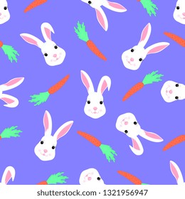 Cute rabbit and carrot seamless pattern. Funny bunny cartoon character for decoration nursery, design kids clothing, fabric, wrapping, textile, wallpaper.