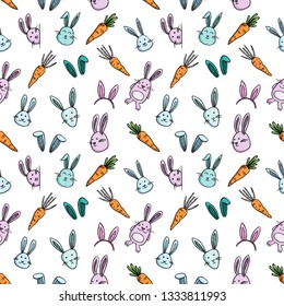 cute rabbit and carrot in seamless pattern with hand drawn style on white background