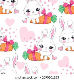 Cute rabbit and carrot Seamless Pattern. Bunny and pink heart Print design for childrens textiles, prints, t-shirt