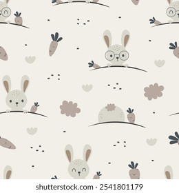 Cute rabbit and carrot seamless pattern. Animal design for kids in cartoon style. Use for prints, textile, wallpaper, nursery, stationery, wrapping