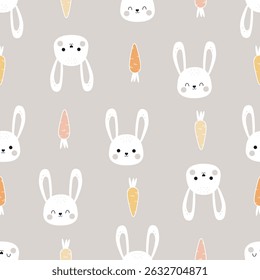 Cute rabbit and carrot seamless pattern. Kids and baby design. Vector illustration. For fabric, kids fashion, baby apparel, wallpaper, wrapping, textile, etc