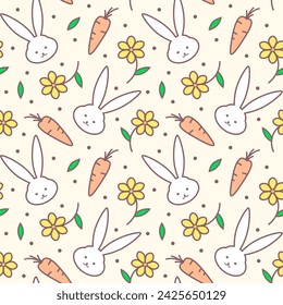 Cute rabbit and carrot seamless vector pattern, colored shapes on a light background, design for textile print, children's wallpaper, packaging.